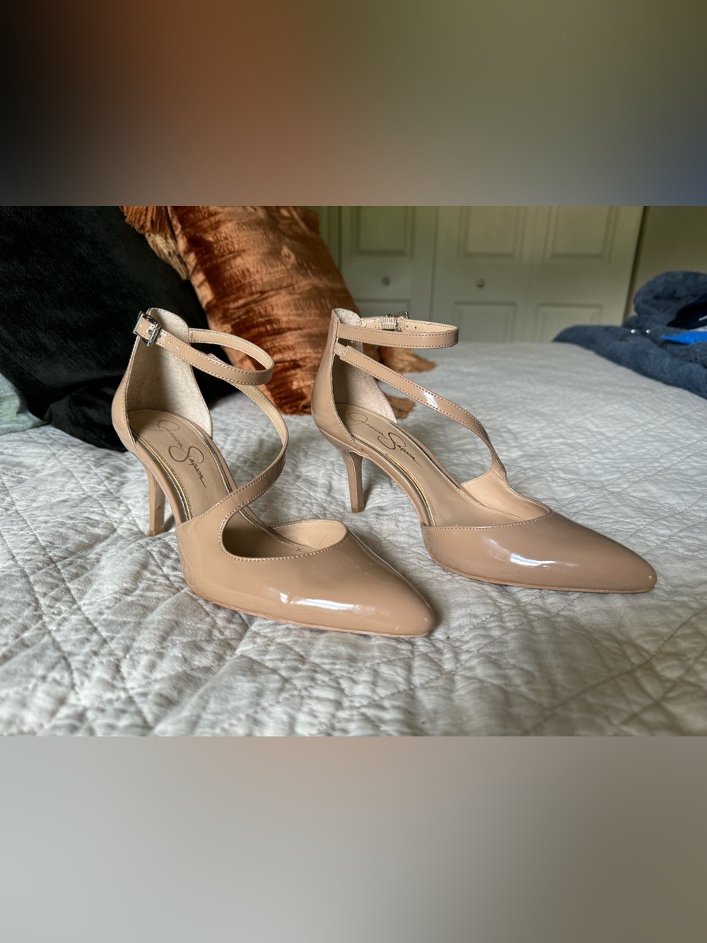 Jessica Simpson (Size 8) Nude Patent Strappy Ankle Buckle Pointy Toe Heels (New)